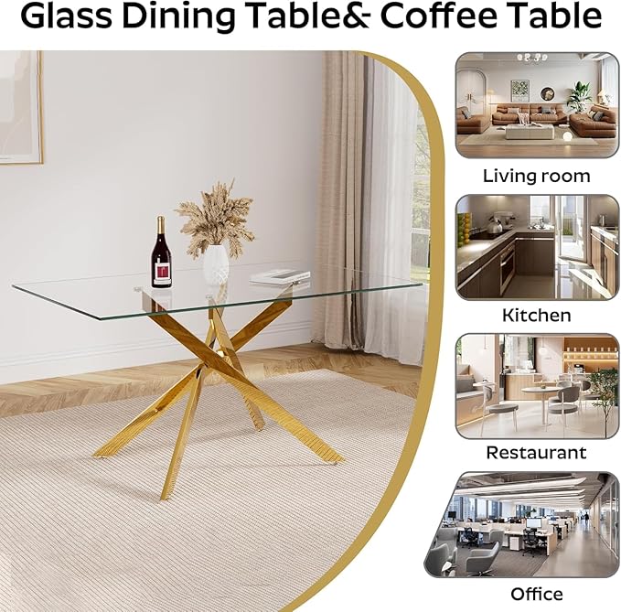 51" Glass Dining Table for 4-6, Contemporary Rectangular Dining Room Table with Tempered Glass Top & Gold Finish Metal Legs, Modern Elegant Dining Table for Home Kitchen