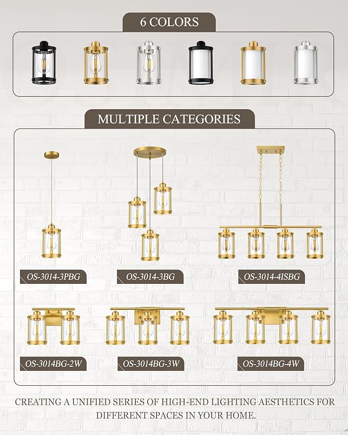 Brushed Gold Pendant Lights Kitchen Island 3 Pack, Modern Kitchen Pendant Lighting Over Island with Clear Glass, Farmhouse Brass Mini Hanging Light for Kitchen Sink Dining Room, OS-3014-3PBGC