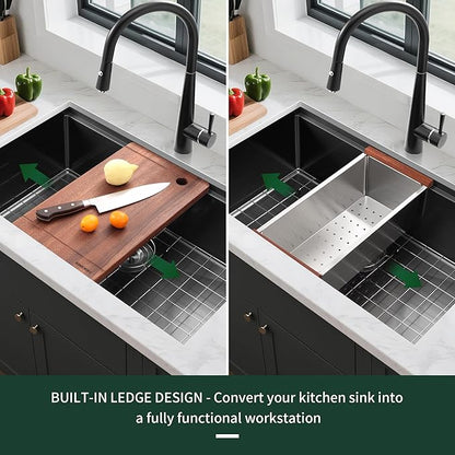 30-inch Black Undermount Kitchen Sink Workstation, SINKVINE 30x19 Large Outdoor Prep Sink, PVD Nano Stainless Steel Single Bowl w/Wood Cutting Board, SST Colander, and Roll-up Dish Drying, Dark Gray