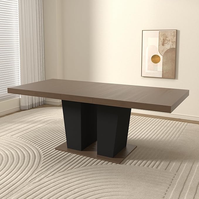 78" Dining Table for 4-10,Modern Expandable Rectangular Kitchen Table,Long Dining Room Tables with Black Double Sturdy Pedestal Base for Kitchen Living Room (Beige+Brown)