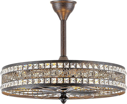 Art Deco Chandelier Light Fixture, 8-Light 24 Inch Large Unique Crystal Fandelier Ceiling Fan with Light, Transitional Art Nouveau Bladeless Enclosed Caged Pendant for Living , Dining , Bedroom