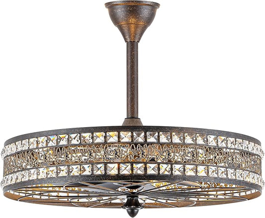 Art Deco Chandelier Light Fixture, 8-Light 24 Inch Large Unique Crystal Fandelier Ceiling Fan with Light, Transitional Art Nouveau Bladeless Enclosed Caged Pendant for Living , Dining , Bedroom