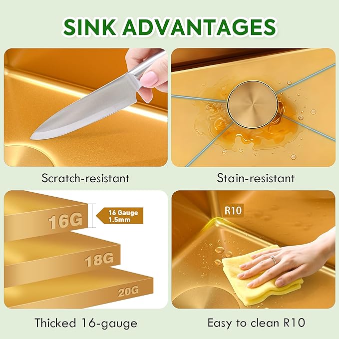 33x22 Inch Gold Drop In Kitchen Sink, 16 Gauge 304 Stainless Steel Sink, Topmount Workstation Kitchen Sink Single Bowl, Large Deep Gold Sink with Ledge & Full Accessories