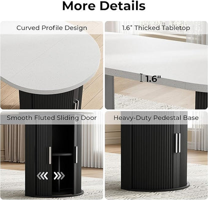 IRONCK 71" Oval Dining Table for 4-6 with Hidden Storage, Modern Farmhouse Kitchen Table with Fluted Semi-Cylindrical Legs, Faux Quartz Top for Dining Room, Kitchen, Living Room & Home Office (Black)