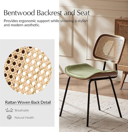 HULALA HOME Rattan Dining Chairs Set of 4, Green Farmhouse Upholstered Kitchen Chairs Set with Square Cane Backrest, Metal Legs for Dining Living Room Resurant Cafe - Moss