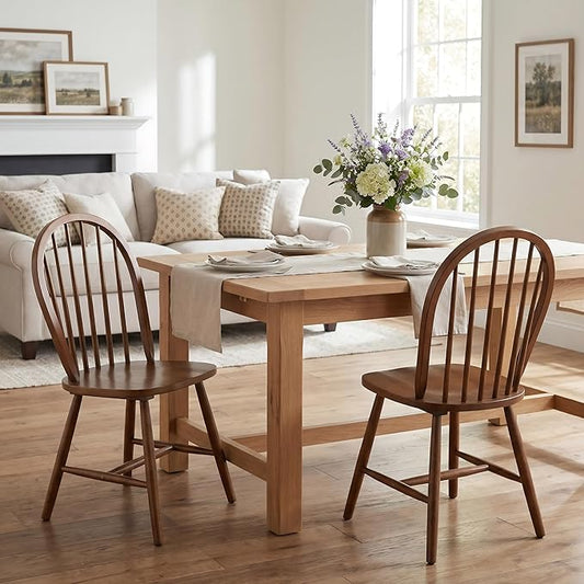 chairus Walnut Windsor Dining Chairs Set of 2, Farmhouse Wooden Dining Room Chairs with Spindle Bow Back, Modern Cottage Oak Side Kitchen Chairs