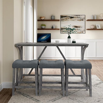 HMFULE 4 Piece Bar Table Set with Power Outlet, 59'' Dining Bar Table and Chairs Set, Industrial Breakfast Table with 3 Padded Stools for Living Room Dining Room Game Room Grey