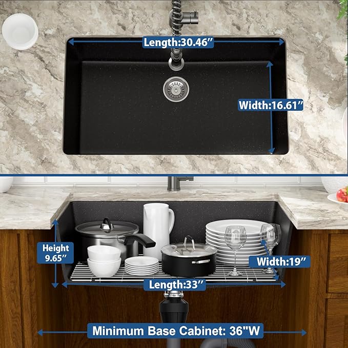 Mocoloo 33 Inch Granite Composite Kitchen Sink - 33 x 19 inch Black Undermount Kitchen Sinks, Matte Black Quartz Single Bowl Under Counter Sink