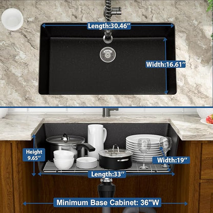 Mocoloo 33 Inch Granite Composite Kitchen Sink - 33 x 19 inch Black Undermount Kitchen Sinks, Matte Black Quartz Single Bowl Under Counter Sink