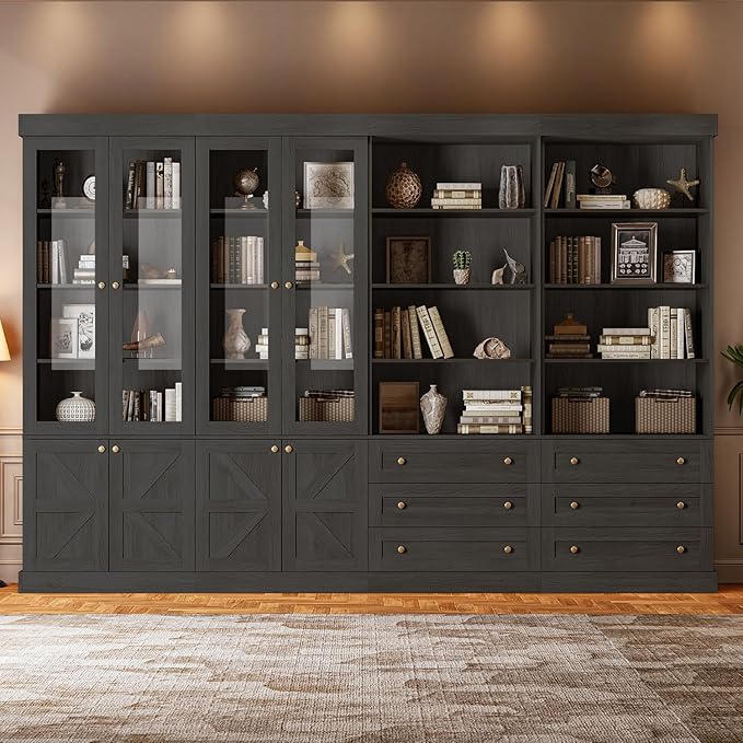 ivaniti 71" Tall Farmhouse Kitchen Pantry, Large Storage Cabinet with Glass Doors, Adjustable Shelves, 3 Drawer, Wood Versatile Hutch Cabinet for Dining Room, Living Room, Black 4 Pcs