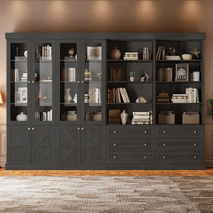 ivaniti 71" Tall Farmhouse Kitchen Pantry, Large Storage Cabinet with Glass Doors, Adjustable Shelves, 3 Drawer, Wood Versatile Hutch Cabinet for Dining Room, Living Room, Black 4 Pcs