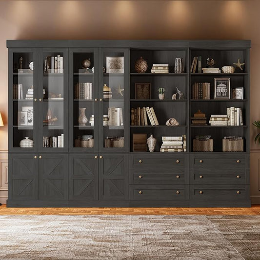ivaniti 71" Tall Farmhouse Kitchen Pantry, Large Storage Cabinet with Glass Doors, Adjustable Shelves, 3 Drawer, Wood Versatile Hutch Cabinet for Dining Room, Living Room, Black 4 Pcs