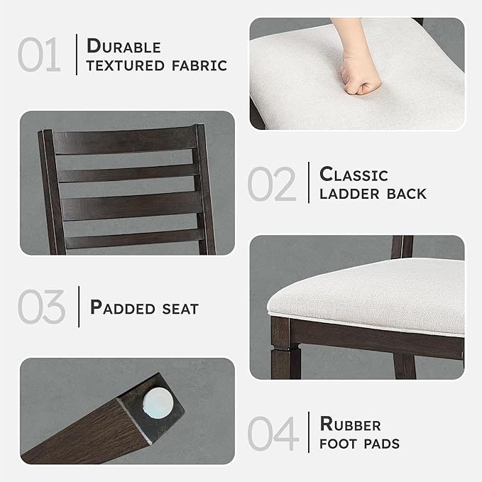 Lexicon Dining Chairs Set of 2, Wood Frame and Beige Textured Fabric Upholstered Seat, Ladder Back, Accent Seating for Dining Room, Kitchen Table, Office, Easy Assembly, Dark Espresso