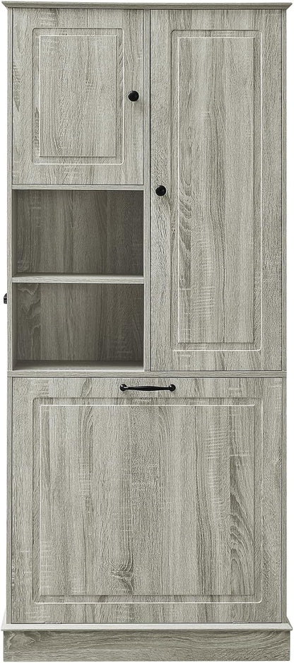 68" Tall Bathroom Storage Cabinet with Two Doors and Laundry Hamper for Home Display Organizer, Adjustable Shelf, Oak