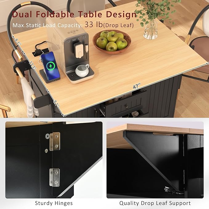Modern Dining Table 55.7'' Large Kitchen Island with 2 Drop, Rolling Cart on 5 Wheels with Power Outlet, Folding Dining Table with Spice Rack, 3 Drawers, Counter,Black-MDF