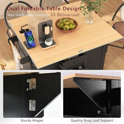 Modern Dining Table 55.7'' Large Kitchen Island with 2 Drop, Rolling Cart on 5 Wheels with Power Outlet, Folding Dining Table with Spice & Towel Rack for Kitchen Living Room,Black-MDF
