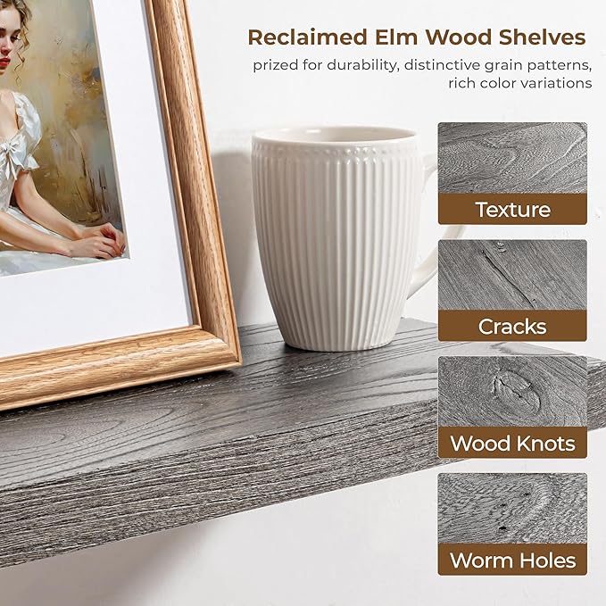 Axeman Rustic Elm Wood Floating Shelves - 72'' W x 8" D Wall Mantel Shelf with Invisible Bracket, Large Long Wall Mounted Storage Shelves for Living Room, Bedroom, Kitchen, Bathroom, Grey