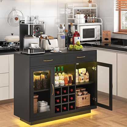 knoworld Wine Bar Cabinet with LED Lights, Coffee Bar Cabinet with Wine and Glass Rack, Black Bar Cabinet Liquor Cabinet, Kitchen Buffet Sideboard with Storage for Living Room, Dining Room