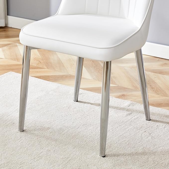 Glass Dining Table and Chair Set with 2 White PU Cushion Chairs, 36 Inch Diameter Round Table with Silver Metal Legs, Industrial Minimalist Style for Dining Room and Kitchen