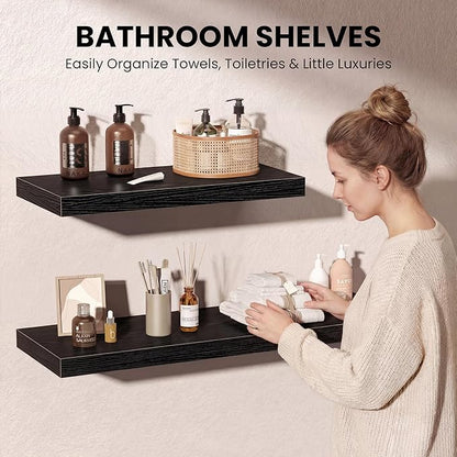 Fun Memories 48 Inch Floating Shelves, 12 Inch Deep Wall Shelves, 48 x 12 Floating Shelf Set of 2, Black Rustic Wood Floating Shelf Wall Mounted for Large Kitchen Living Room Bedroom Bathroom Storage