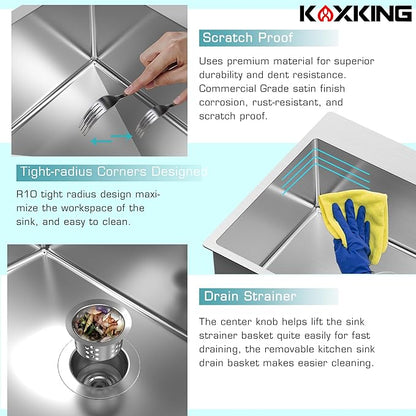 33x22 Drop In Kitchen Sink, 18 Gauge T304 Stainless Steel Top Mount Single Bowl, 9 Inch Deep Basin with Bottom Grid & Drain Assembly, Rust-Proof Brushed Nickel
