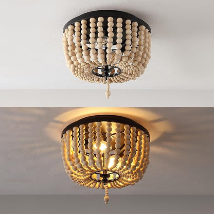 JONATHAN Y 10" Black/Cream Allison 2-Light LED Flush Mount Ceiling Light for Bedroom, Wood Beaded Shade Shabby Chic Farmhouse Rustic Decor, LED Bulbs Included (JYL9074B)