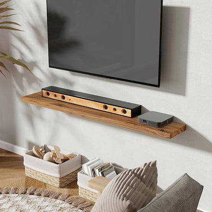55 inch Floating Shelves for Wall, Rustic Solid Elm Wood Floating Shelf, Wall Mounted Long Wall Shelves for Bedroom, Kitchen, Living Room and Bathroom, Real Dark Wood Shelf for Home, Natural