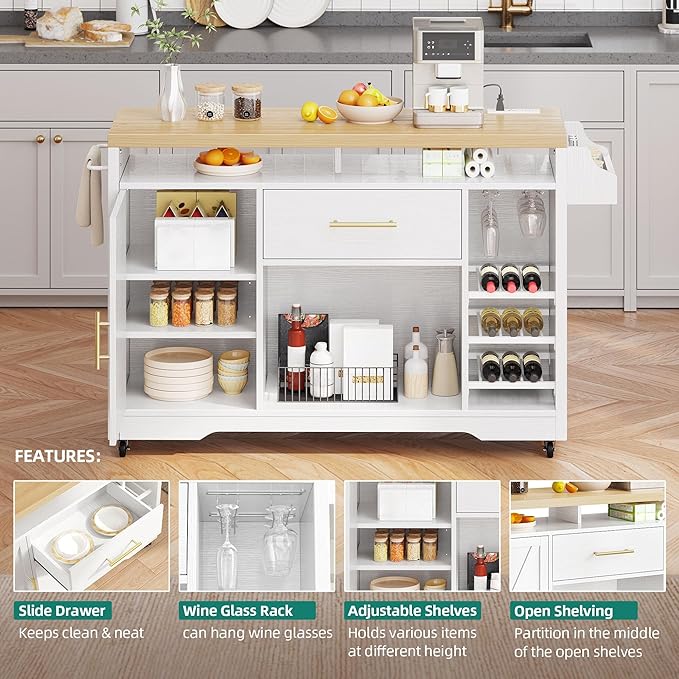 YITAHOME Large Kitchen Island with Power Outlet, Rolling Kitche Cart with Wine Rack, Mobile Storage Islands with Spice Rack Glass Holder, Island Table on Wheels for Living Room, 50 Inch Wide, White