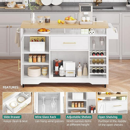 YITAHOME Large Kitchen Island with Power Outlet, Rolling Kitche Cart with Wine Rack, Mobile Storage Islands with Spice Rack Glass Holder, Island Table on Wheels for Living Room, 50 Inch Wide, White