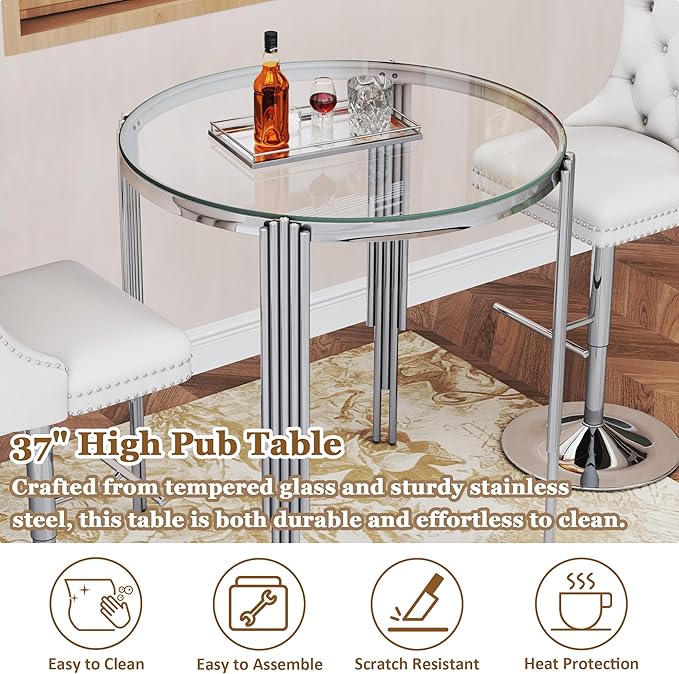 37" Round Bar Table, Modern High Pub Table with Clear Tempered Glass Top and Polished Silver Stainless Steel Legs, Counter Height Table for Kitchens, Apartments, and Small Spaces