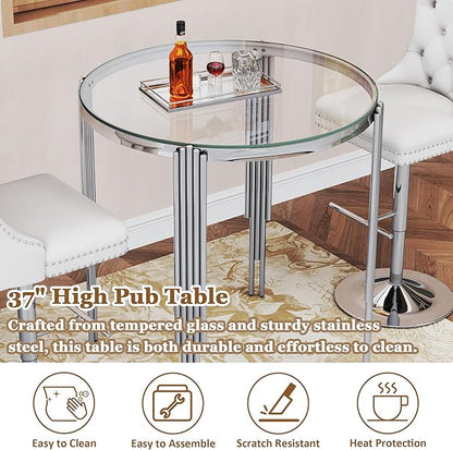 37" Round Bar Table, Modern High Pub Table with Clear Tempered Glass Top and Polished Silver Stainless Steel Legs, Counter Height Table for Kitchens, Apartments, and Small Spaces