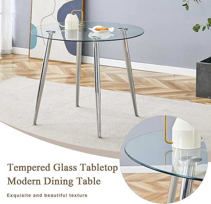 Glass Dining Table and Chair Set with 2 White PU Cushion Chairs, 36 Inch Diameter Round Table with Silver Metal Legs, Industrial Minimalist Style for Dining Room and Kitchen