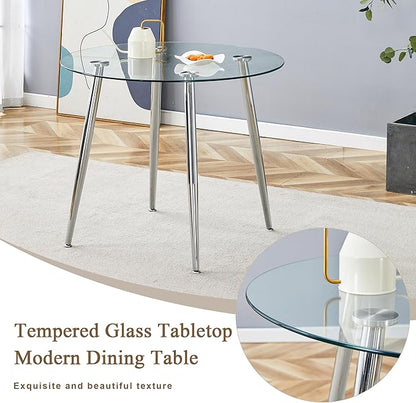 Glass Dining Table and Chair Set with 2 White PU Cushion Chairs, 36 Inch Diameter Round Table with Silver Metal Legs, Industrial Minimalist Style for Dining Room and Kitchen