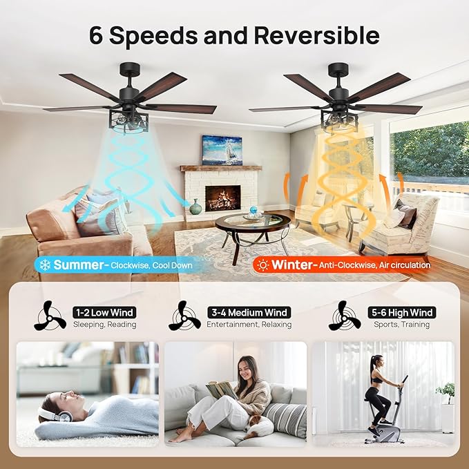Consciot 52 Inch Ceiling Fans With Lights Remote, Modern Farmhouse Caged Ceiling Fan, Reversible Motor, 5 Double Finish Wood Blades, Rustic Ceiling Fan For Porch, Living Rooms, Bedroom, Hunter Black