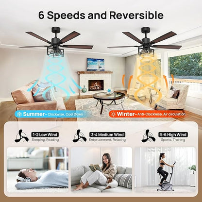 Consciot 52 Inch Ceiling Fans With Lights Remote, Modern Farmhouse Caged Ceiling Fan, Reversible Motor, 5 Double Finish Wood Blades, Rustic Ceiling Fan For Porch, Living Rooms, Bedroom, Hunter Black