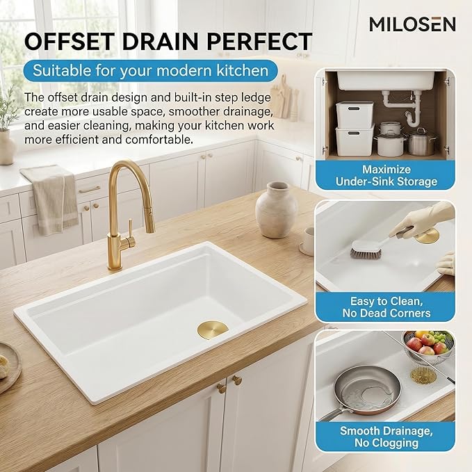 MILOSEN White Undermount Kitchen Sink, 30×18 Inch Workstation Ledge Under Counter Single Bowl Basin with Offset Drain, Granite Composite Quartz Material, Large Deep Sinks With Accessories