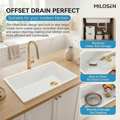 MILOSEN White Undermount Kitchen Sink, 30×18 Inch Workstation Ledge Under Counter Single Bowl Basin with Offset Drain, Granite Composite Quartz Material, Large Deep Sinks With Accessories