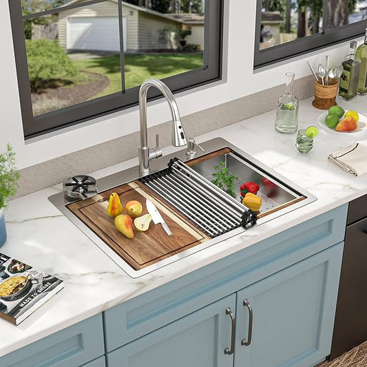 30"x22" Drop In Kitchen Sink Ledge Workstation – 16 Gauge 304 Stainless Steel Top Mount Overmount Single Bowl Sink Basin with Faucet Combo & Glass Rinser