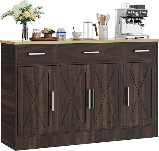 Shintenchi Buffet Cabinet with Storage,53.4" Large Kitchen Storage Cabinet with 3 Drawers and 4 Doors,Wood Farmhouse Buffet Sideboard with Adjustable Shelf for Kitchen Living Room, Brown