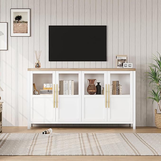 Garvee Large Buffet Cabinet with Storage, Sideboard Buffet Cabinet with Glass Doors, Modern Farmhouse Storage Cabinet Table for Kitchen Dining Room, Living Room (White, Glass with 4 Doors)