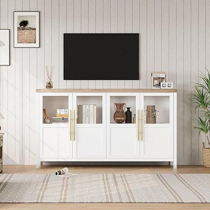 Garvee Large Buffet Cabinet with Storage, Sideboard Buffet Cabinet with Glass Doors, Modern Farmhouse Storage Cabinet Table for Kitchen Dining Room, Living Room (White, Glass with 4 Doors)