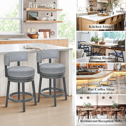 COLAMY Swivel Bar Stools Set of 2, 25 Inch Wood Swivel Barstools with Back, Counter Height Bar Stools, Modern Upholstered Barstools for Kitchen Island Dining Room Bar, Grey