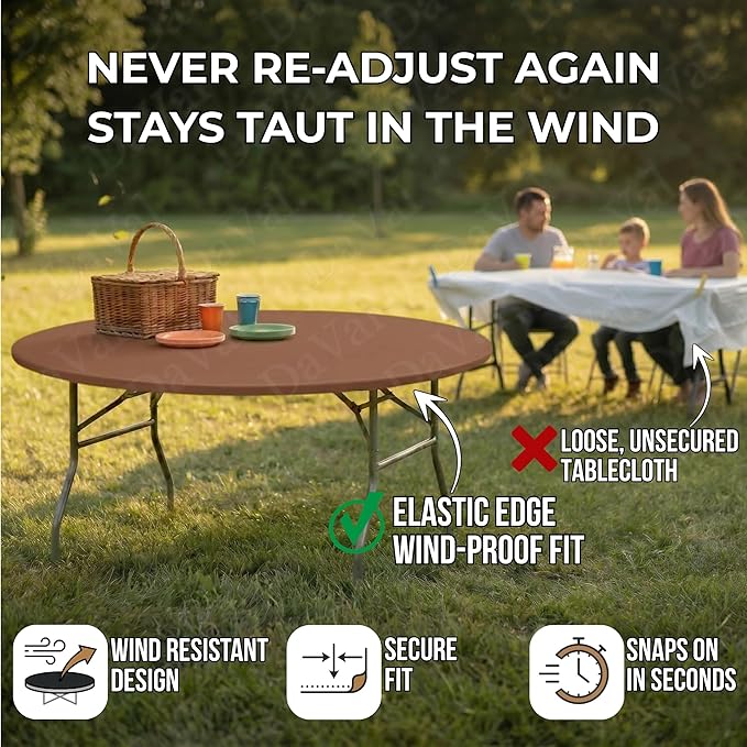 Kwik-Covers 10 Pack of Round Plastic Table Covers - 60" or 72" Round - Indoor or Outdoor Fitted Covers (Tables NOT Included) (Brown, 60" Round)