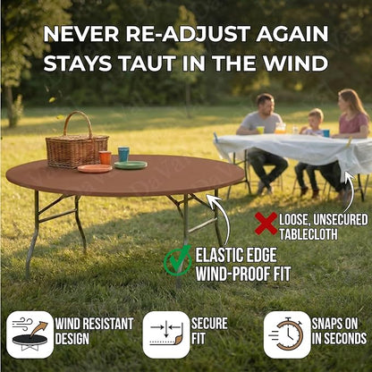 Kwik-Covers 10 Pack of Round Plastic Table Covers - 60" or 72" Round - Indoor or Outdoor Fitted Covers (Tables NOT Included) (Brown, 60" Round)