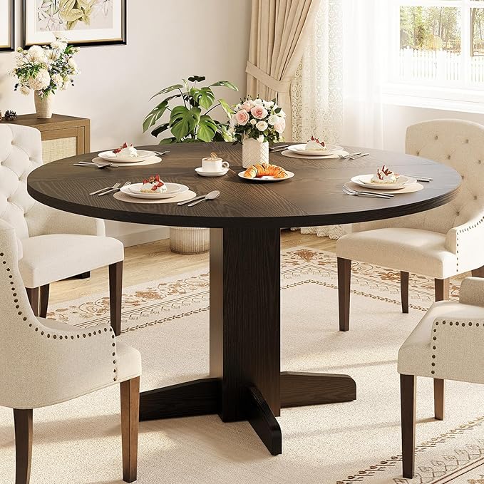 Garvee Round Dining Room Table for 4-6, 47" Wood Kitchen Table with Sturdy Pedestal Base, Farmhouse Circle Dinner Tables for Living Room, Apartment, Black