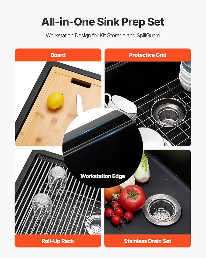 VEVOR 33 inch Kitchen Sink Workstation, Top Mount Granite Sinks, Drop-In Single Bowl Farmhouse Basin with Multiple Accessories, Household Dishwasher Sinks (18"D x 30"W x 9"H)