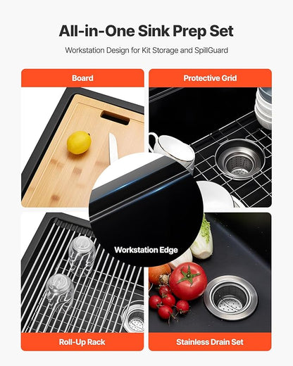 VEVOR 33 inch Kitchen Sink Workstation, Top Mount Granite Sinks, Drop-In Single Bowl Farmhouse Basin with Multiple Accessories, Household Dishwasher Sinks (18"D x 30"W x 9"H)