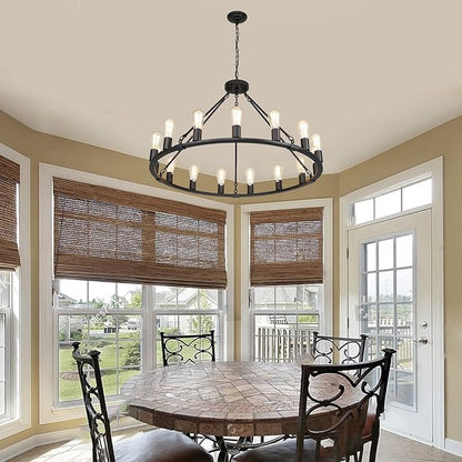 Wagon Wheel Chandelier, 15 Light Black Farmhouse Chandeliers for Dining Room, Dia 40'' Industrial Dining Room Light Fixture for Kitchen Island Living Room Foyer
