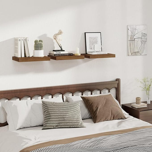 Fun Memories 12 Inch Deep Floating Shelves, 16 x 12 Wooden Wall Shelves, Extra Deeper & Thicker Rustic Wall Mounted Storage Shelf for Fireplace, Living Room, Kitchen, Farmhouse, Walnut - 3Pack