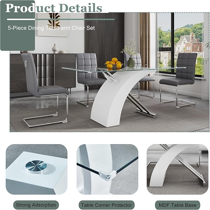5-Piece Glass Dining Table Set, 63" White Kitchen Table with X-Shape MDF Base, Dining Room Set for 4 with 4 Leather Upholstered Chair for Kitchen, Dining Room (Gray,Silver)
